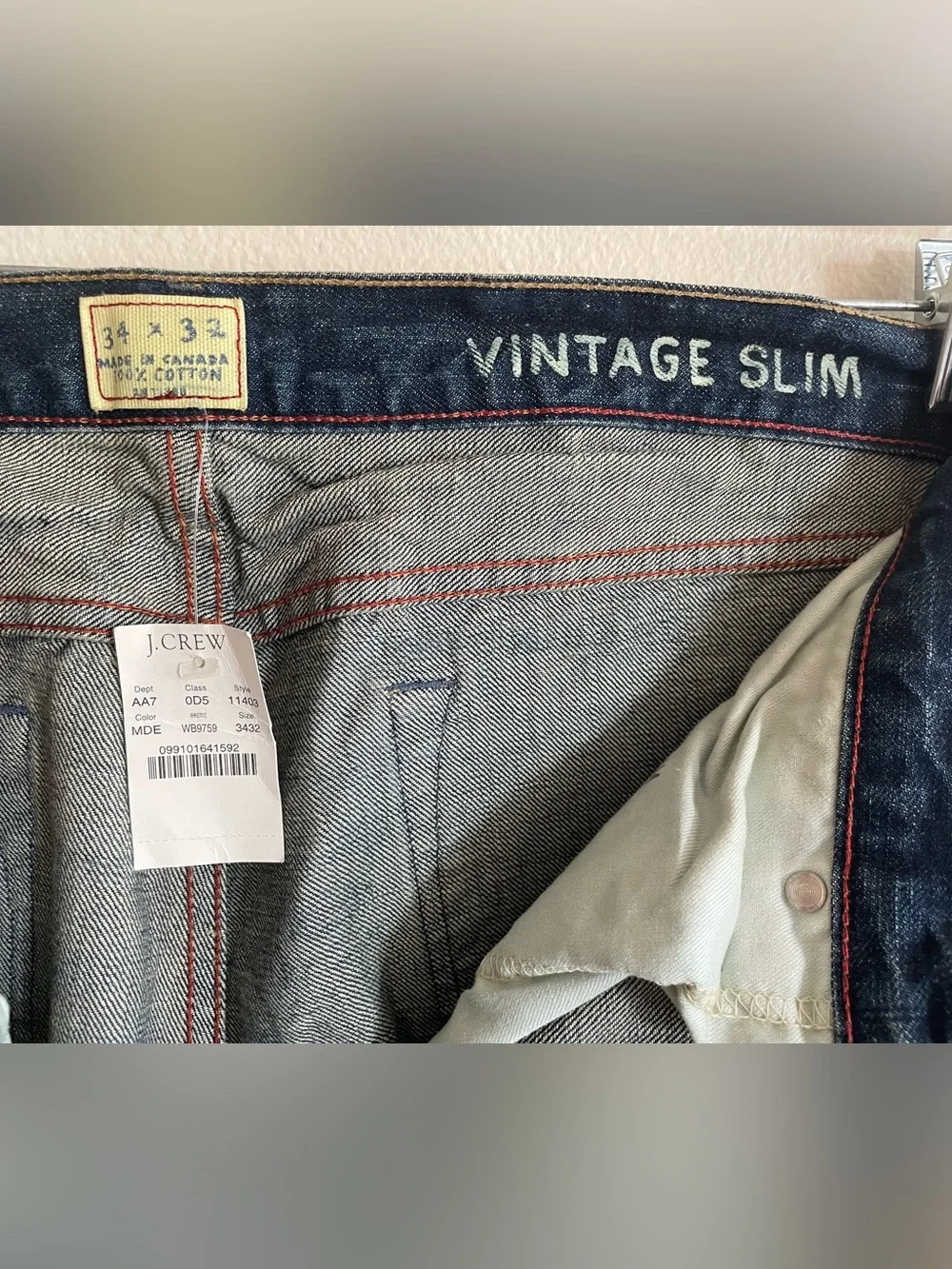 J. Crew Vintage Slim Fit button fly dark blue denim Jeans distressed vintage